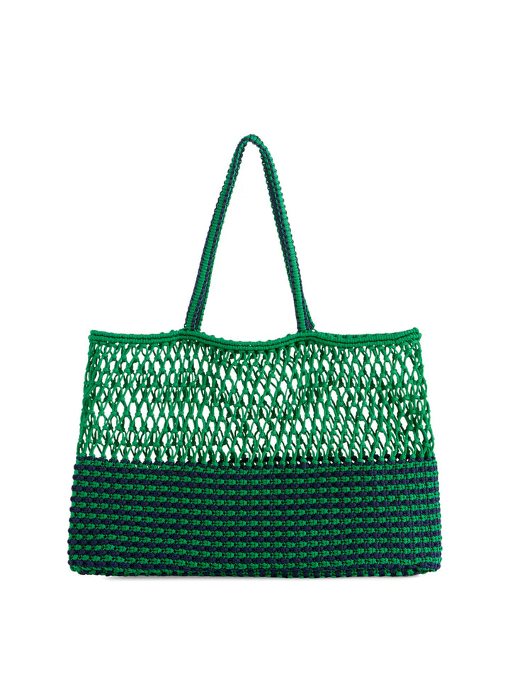 Woven macramé tote bag featuring a vibrant green and navy blue design with an open-net upper section and a densely striped base, showcased against a plain white background