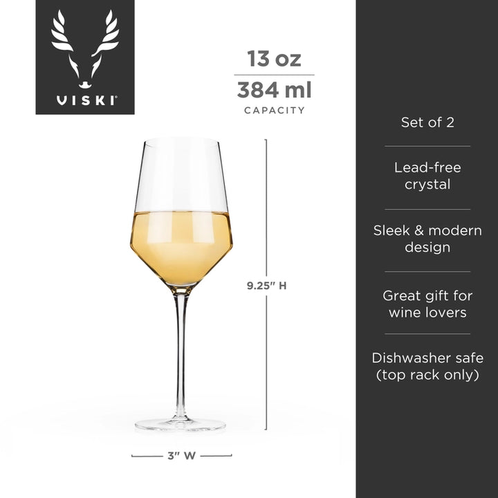 Digital product photography by Viski showcases a lead-free crystal wine glass containing golden-yellow wine alongside a black sidebar detailing features like a 13 oz capacity and specific dimensions of 9.25 inches high by 3 inches wide