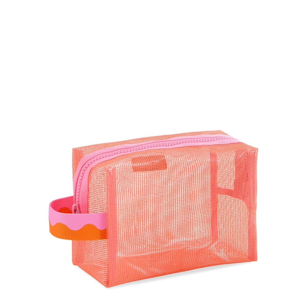 Digital photograph of a rectangular coral mesh toiletry bag on a white background featuring a bright pink zipper and a side carrying handle with a unique orange scalloped wave pattern