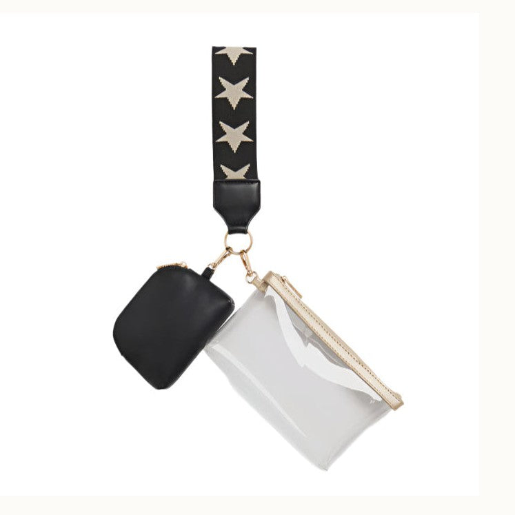 Product photograph of a multi-pouch accessory set on a white background featuring a wide black strap with gold stars, a small black zipper pouch, and a clear transparent bag with gold trim