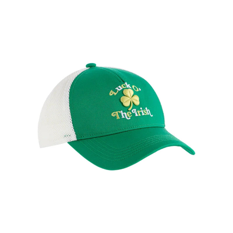 Product photograph of a green and white trucker-style baseball cap featuring gold-embroidered Luck O' The Irish text, a central three-leaf shamrock emblem, and a white mesh back panel