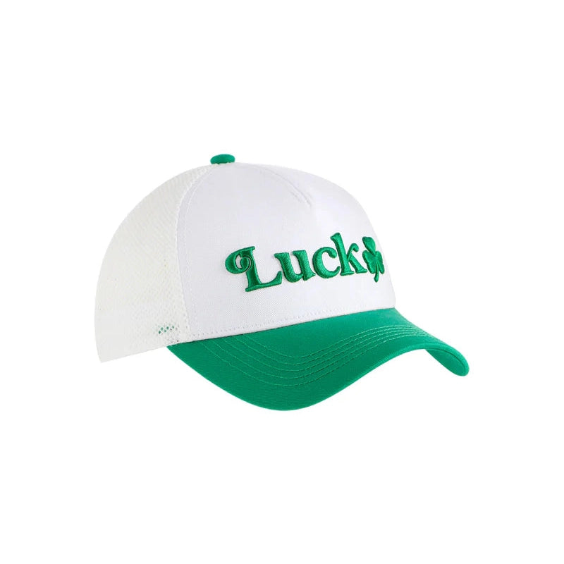 Studio photograph of a white and green trucker hat featuring green embroidered Lucky text with a small four-leaf clover icon and a white mesh back against a plain white background