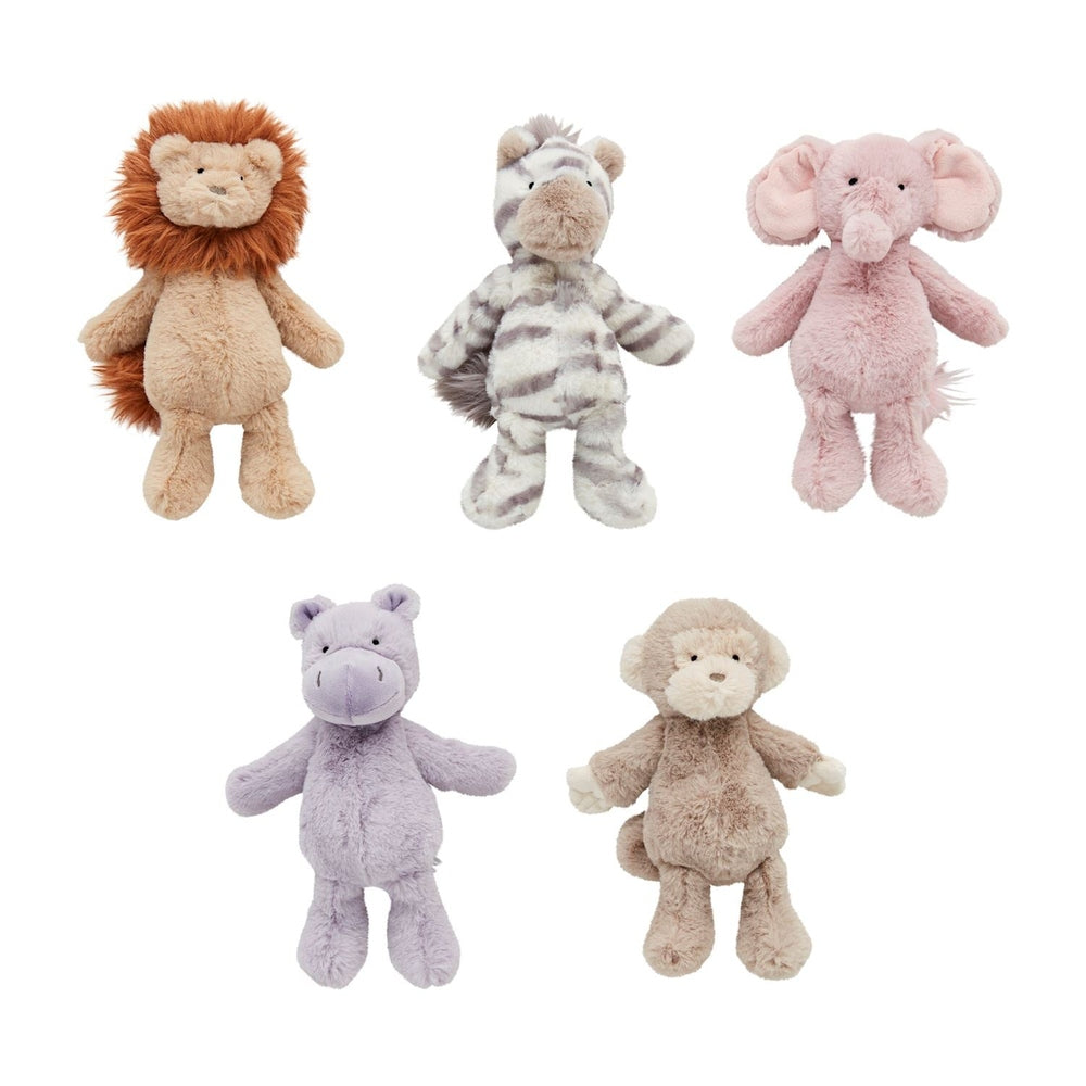Product photography of Jellycat plush toys showcases five safari animals on a white background including a lion with a fluffy orange mane, a lavender-colored hippo, and a pink elephant with large floppy ears