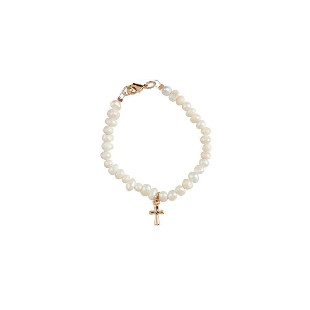 Freshwater pearl jewelry featuring a beaded bracelet on a white background with a dangling polished gold cross charm, irregular lustrous beads, and a secure lobster claw clasp