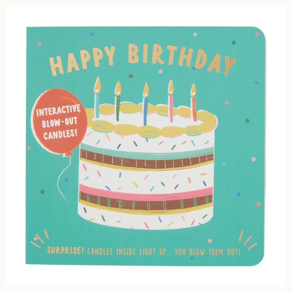 Illustrated children's board book cover featuring a festive layered cake with rainbow sprinkles and five lit multi-colored candles on a teal background with gold Happy Birthday text and a red interactive feature balloon