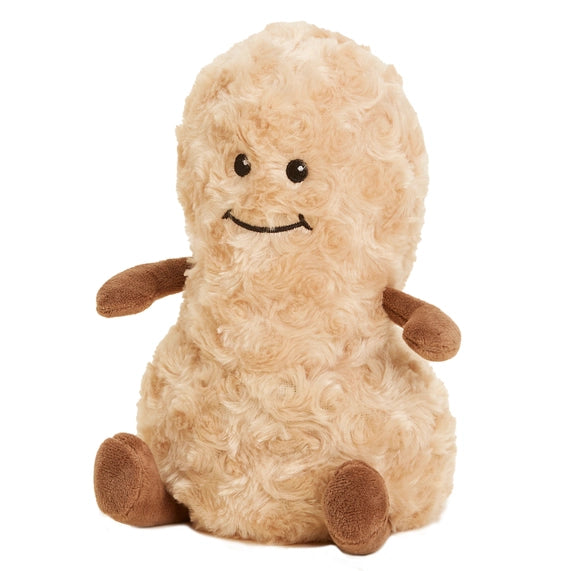 Plush toy by Jellycat featuring an Amuseable Peanut centered on a white background with swirly beige fur, a small embroidered smile, and tiny dark brown limbs