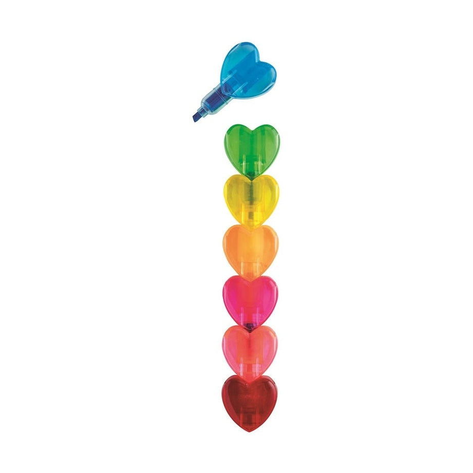 Studio product photograph of a vertical stack of heart-shaped highlighters on a white background featuring translucent neon colors and a blue marker at the top with a visible chisel tip