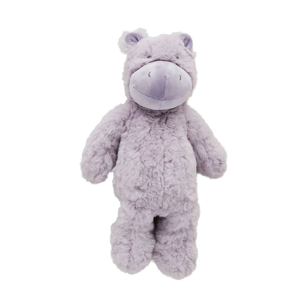Plush toy by Jellycat of a lavender hippo against a white background featuring shaggy textured fur, a smooth purple snout with stitched nostrils, and a gentle smile
