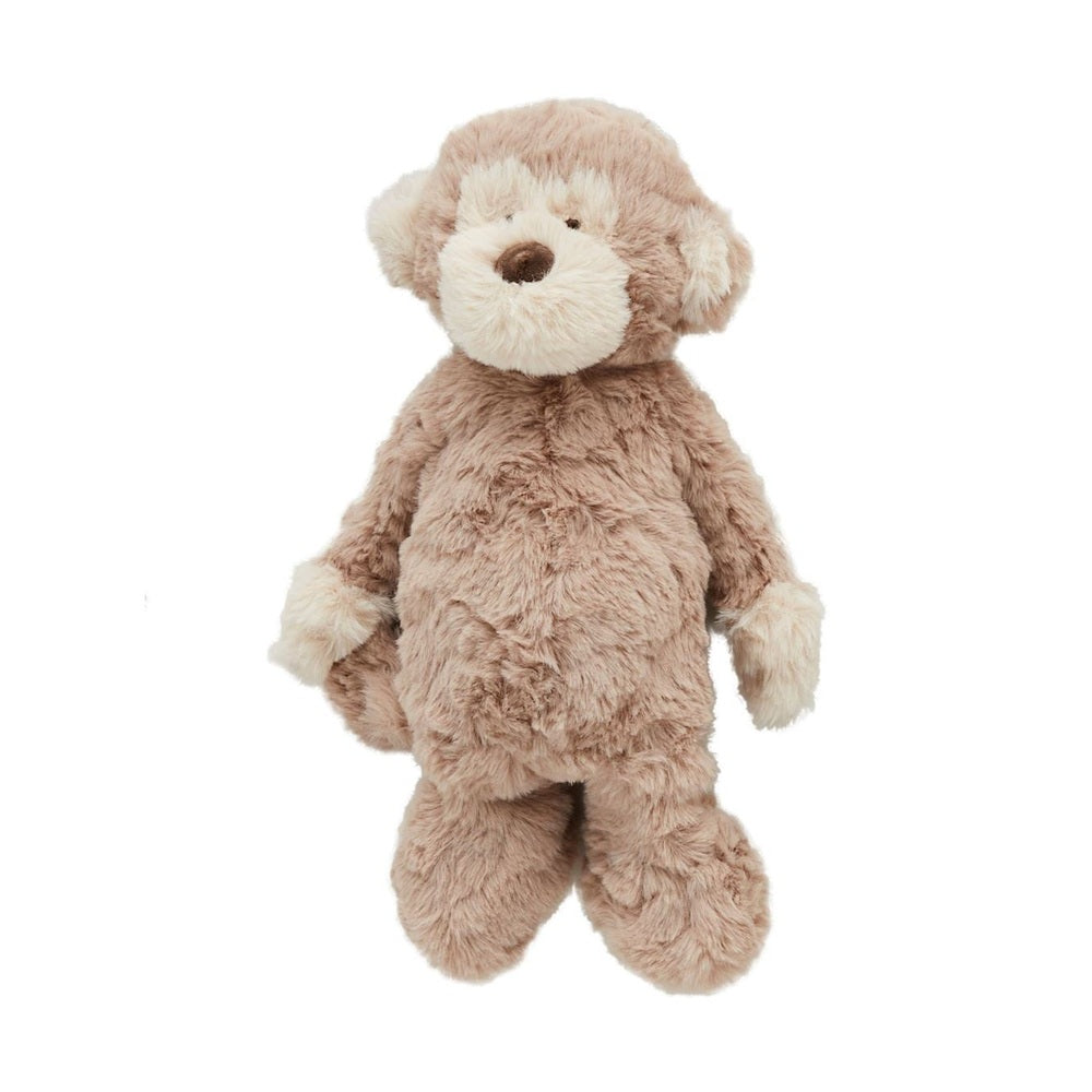Plush toy by Jellycat featuring a Bashful Monkey standing on a white background with soft tufted cocoa fur, a contrasting cream muzzle, and a dark brown embroidered nose