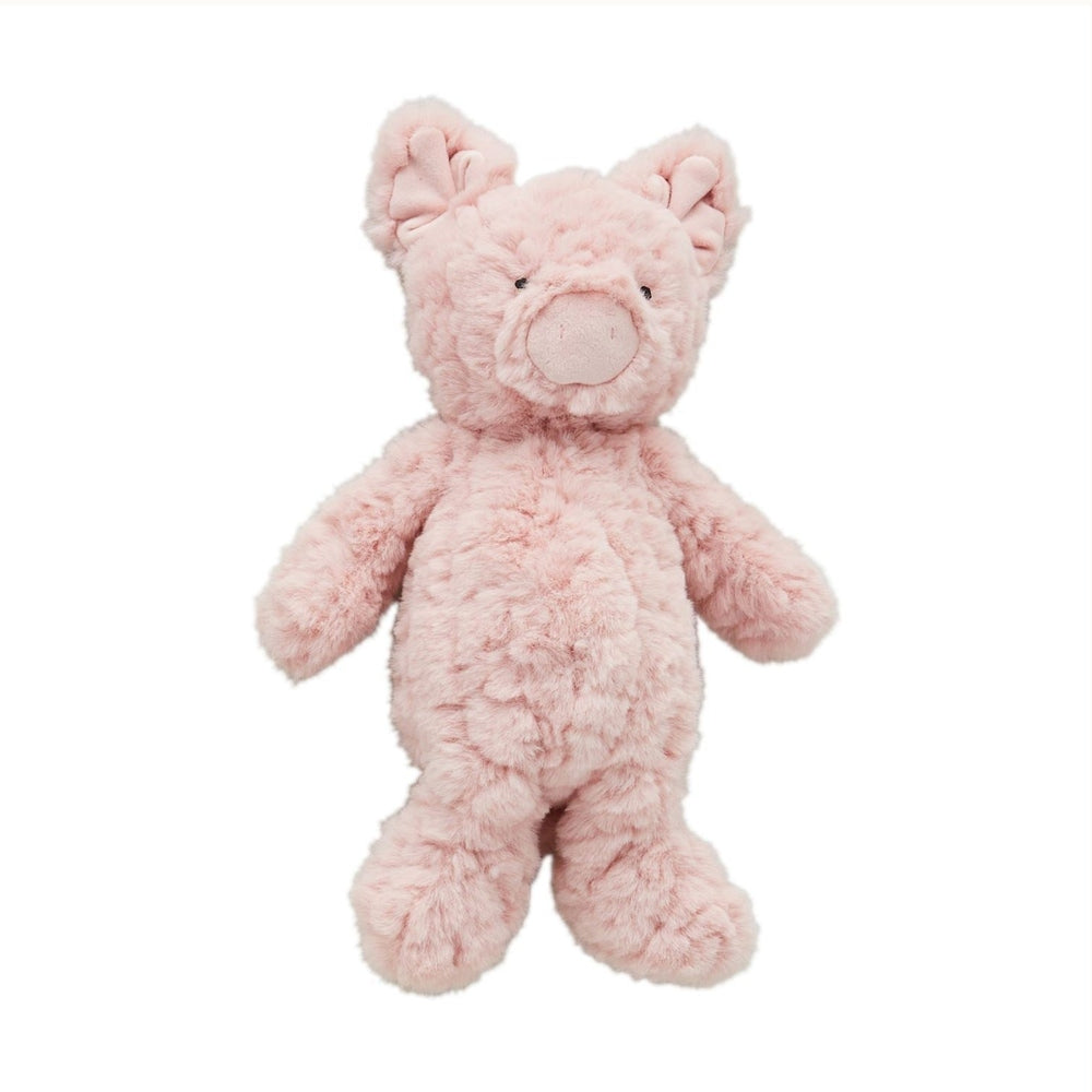 Plush toy by Jellycat of a pink pig against a white background featuring rippled textured fur a smooth suede-style snout and large floppy ears