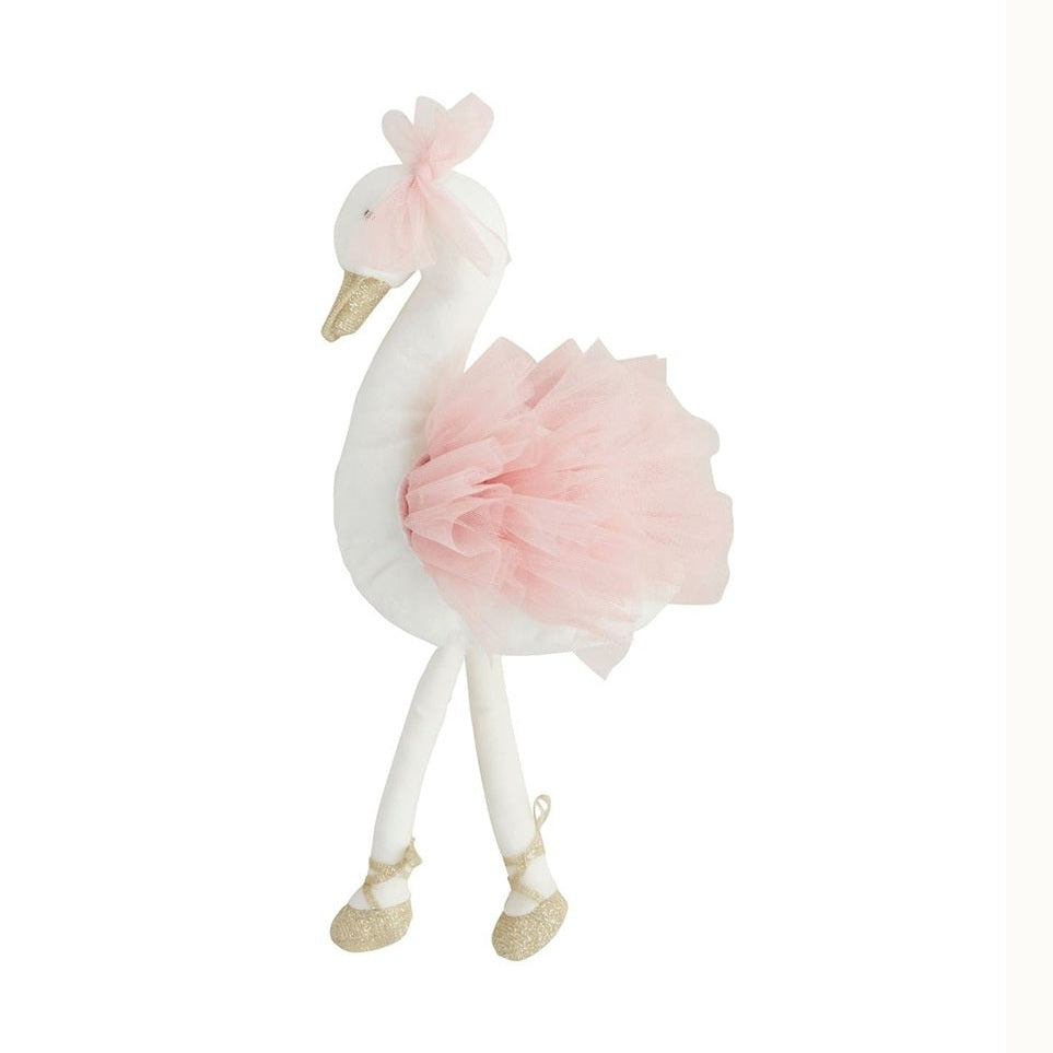 Plush ballerina swan toy on a plain white background featuring a layered pink tulle tutu, glittery gold ballet slippers, and a small pink bow on its head