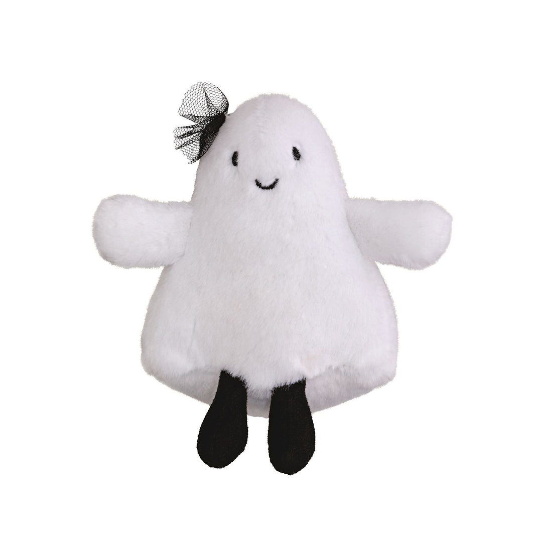 Jellycat plush toy of a white ghost centered on a white background featuring a black mesh bow, outstretched arms, and tiny black feet