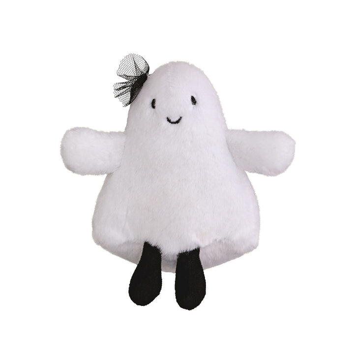 Jellycat plush toy of a white ghost centered on a white background featuring a black mesh bow, outstretched arms, and tiny black feet