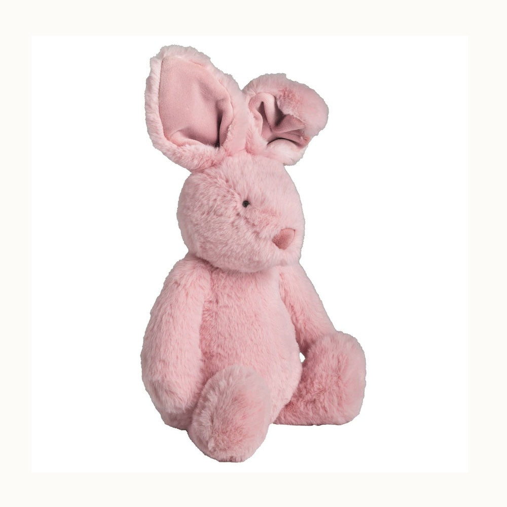 Plush stuffed toy by Jellycat of a soft pink bashful bunny sitting against a white background featuring oversized floppy ears, a velvety pink nose, and small black bead eyes