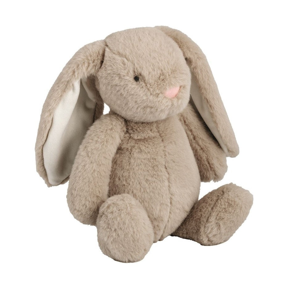 Plush toy by Jellycat featuring a bashful beige bunny sitting against a white background with long floppy ears, a small pink nose, and soft textured fur