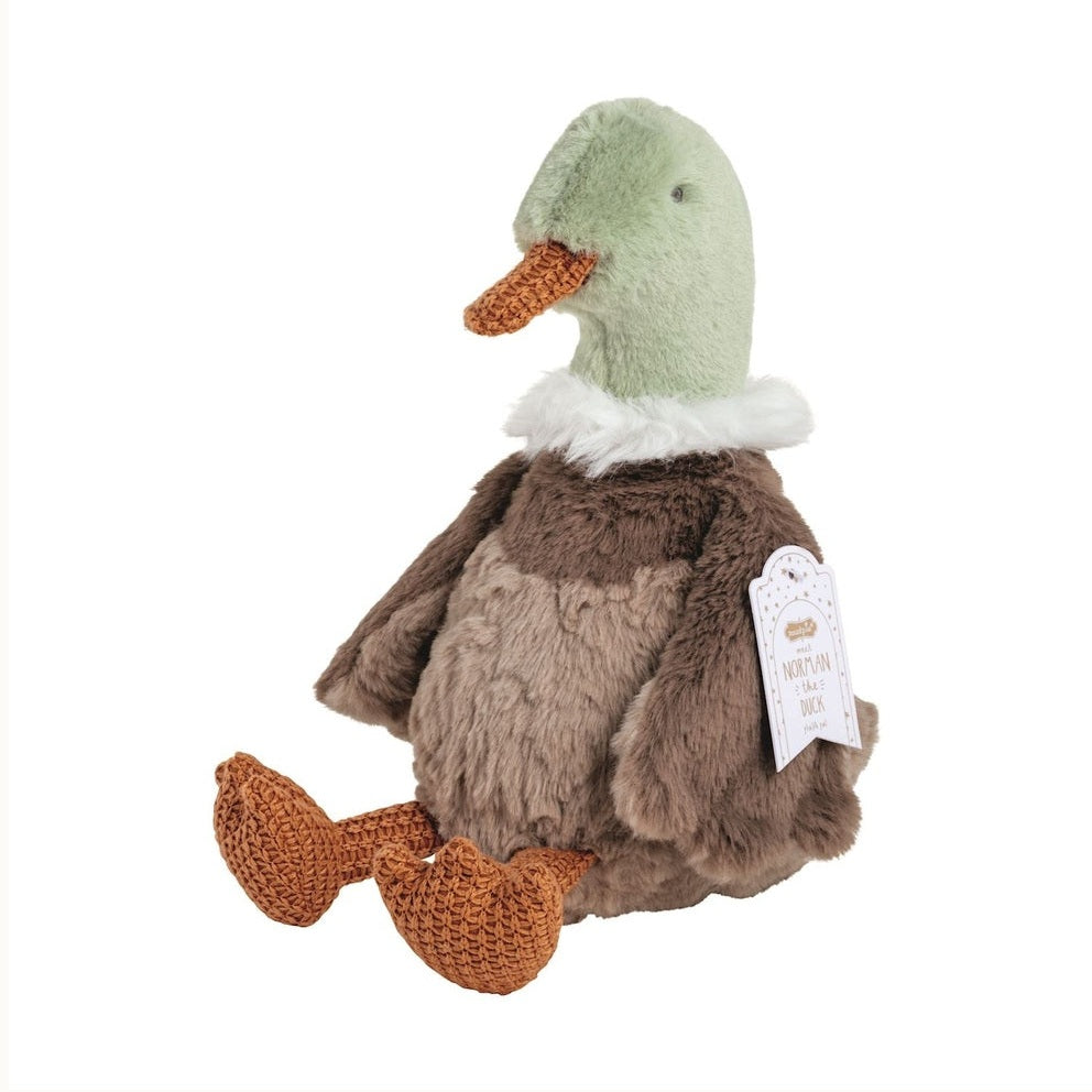 Plush toy by Mud Pie of Norman the Duck on a white background featuring a sage green head, a fluffy white neck collar, and orange knitted feet