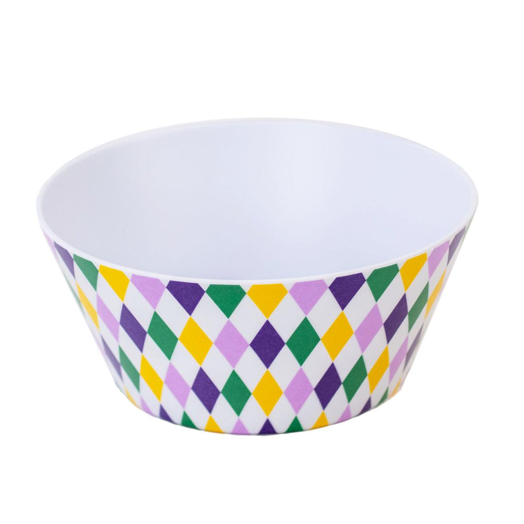 Melamine serving bowl centered on a white background featuring an iconic Mardi Gras harlequin diamond pattern in purple green and yellow with a smooth white interior