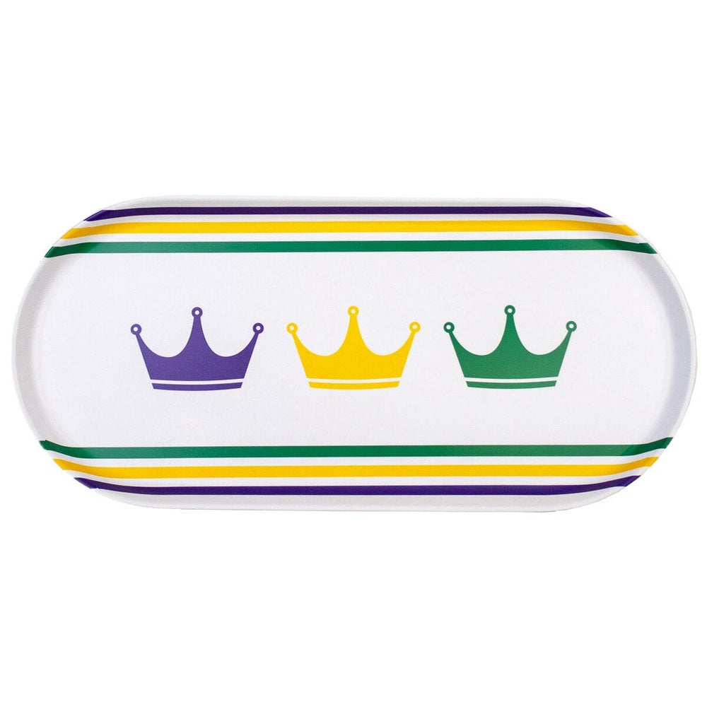 Melamine serving tray featuring three crown silhouettes in vibrant purple, gold, and green Mardi Gras colors with decorative horizontal stripes along the edges of the white oval dish