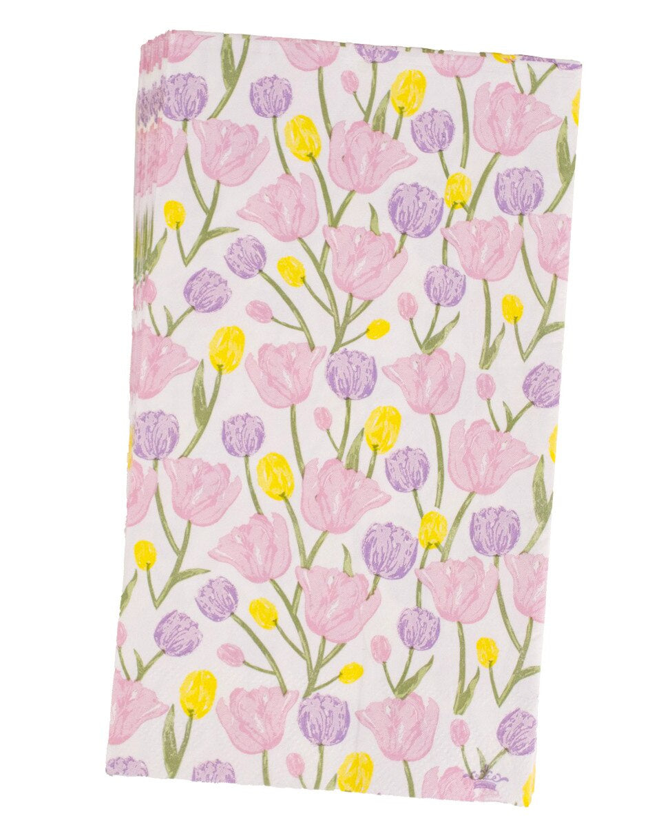 Watercolor-style floral illustration of a spring tulip pattern featuring soft pink blossoms, lavender purple petals, and bright yellow accents with slender green stems on a white background