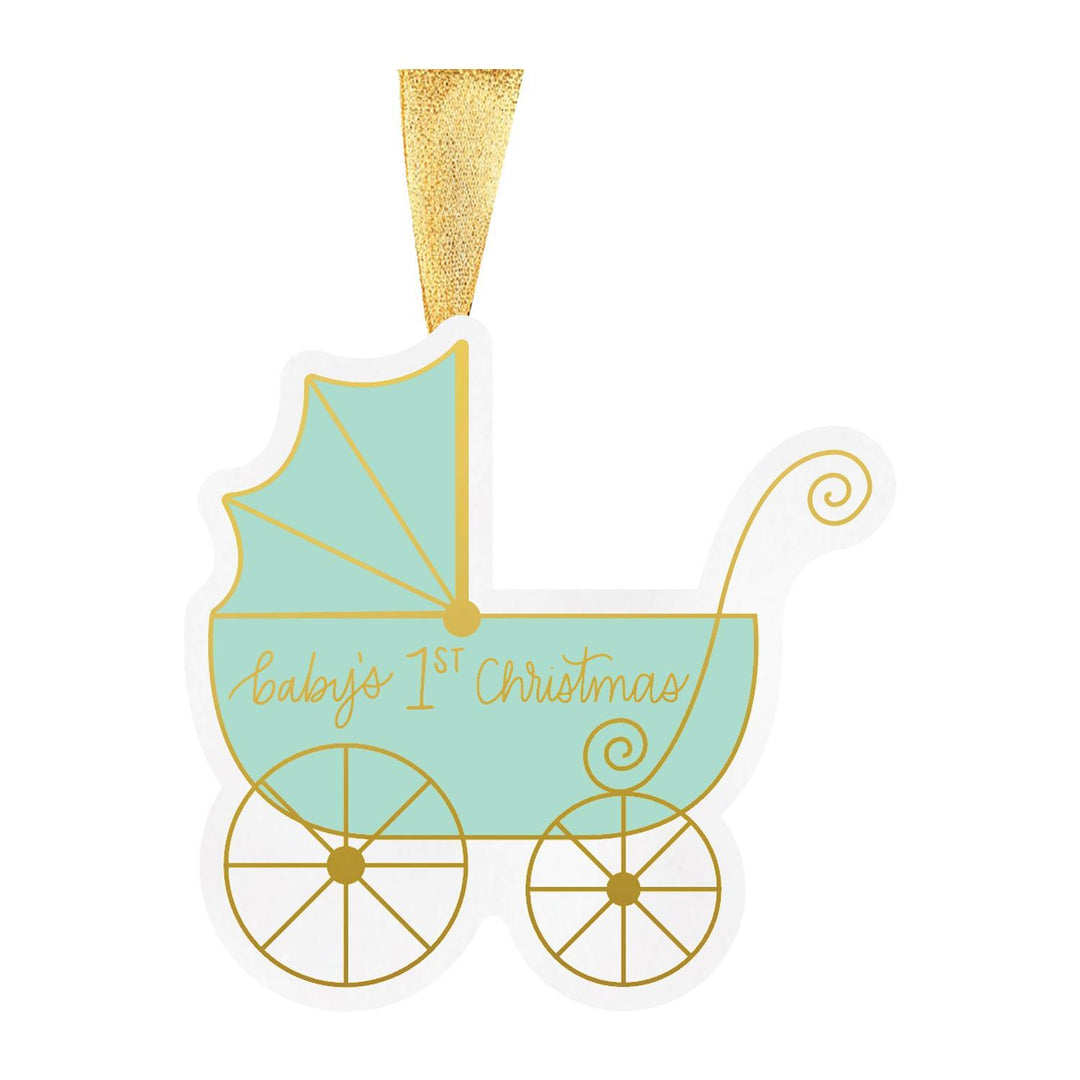 Illustrated paper Christmas ornament of a mint green baby pram against a white background featuring gold cursive text reading baby&
