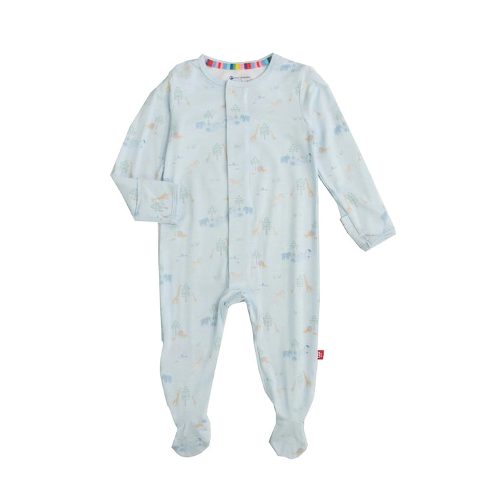 Magnetic Me cotton blend baby footie sleeper on a white background featuring a light blue safari print of giraffes and elephants, a hidden magnetic closure, and a colorful rainbow-striped inner collar trim