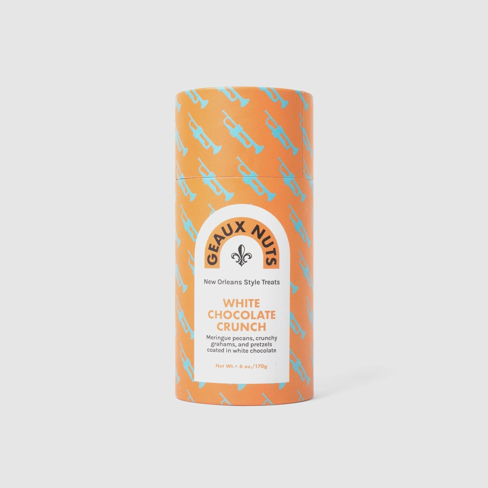 Graphic design by Geaux Nuts of a White Chocolate Crunch snack canister from New Orleans featuring an orange backdrop patterned with light blue trumpets and an iconic fleur-de-lis logo