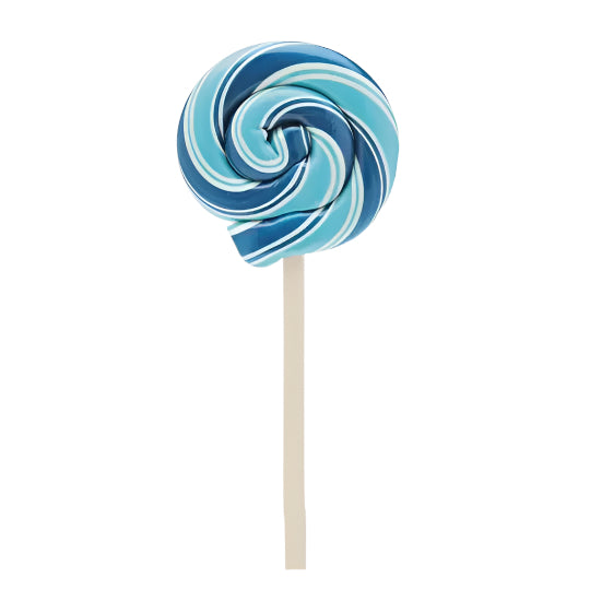 Studio photograph of a large swirl lollipop centered on a white background featuring glossy navy and light blue concentric spirals attached to a beige wooden stick