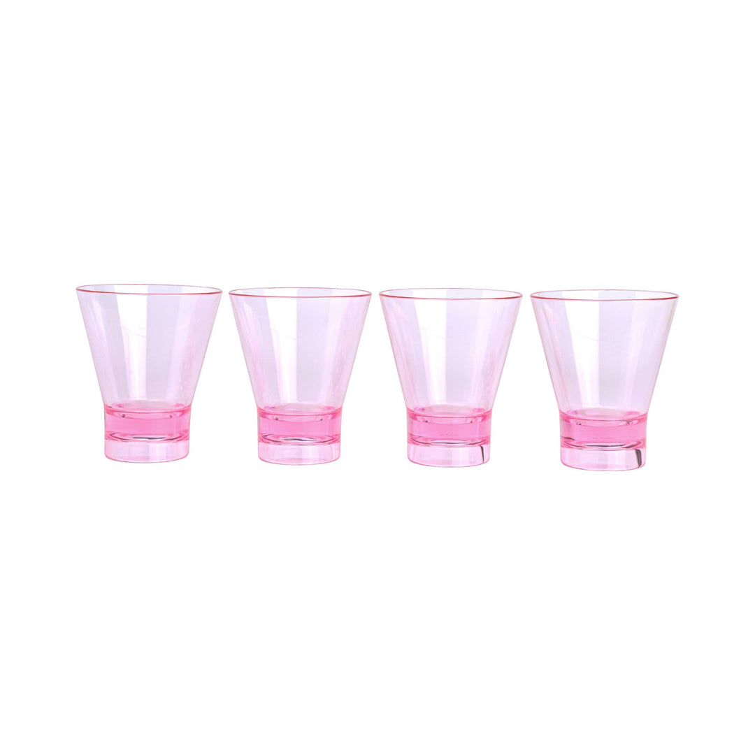 Photograph of transparent acrylic glassware featuring a set of four pink shot glasses with tapered conical sides and thick weighted bases against a white background