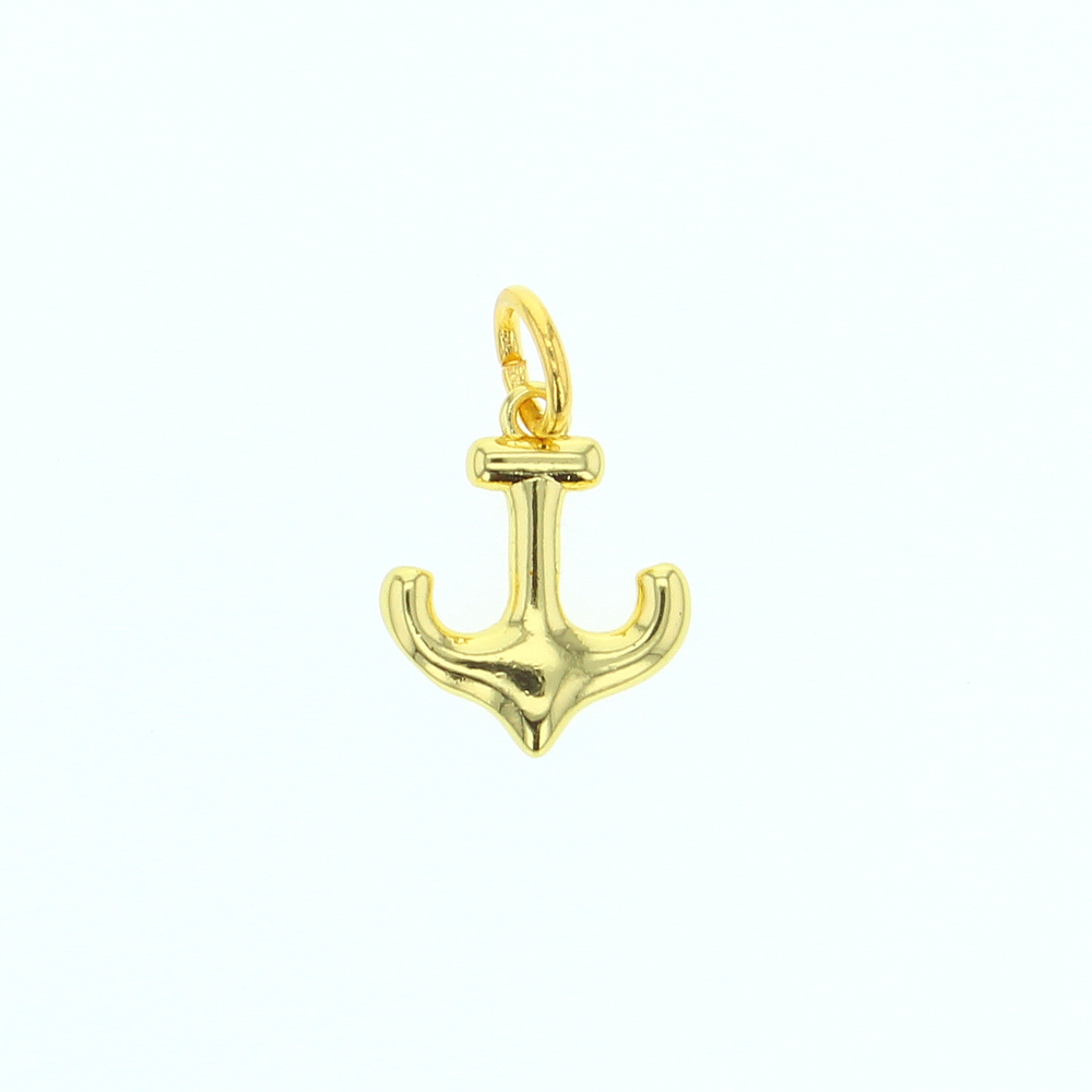 Polished gold jewelry charm of a nautical anchor centered on a white background, featuring a reflective high-shine finish, smooth rounded flukes, and a circular top bail