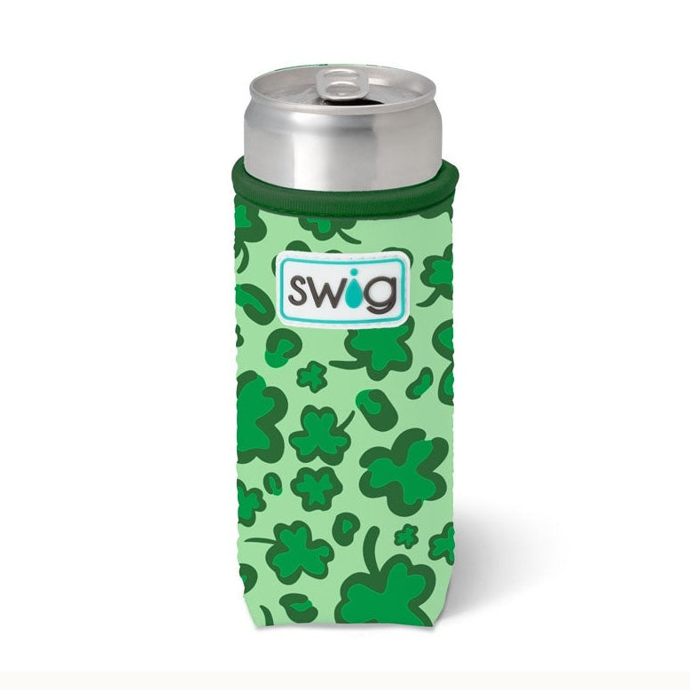 Product photograph by Swig Life of a slim can cooler on a white background featuring a mint green neoprene sleeve with a dark green shamrock pattern and a white rectangular logo patch