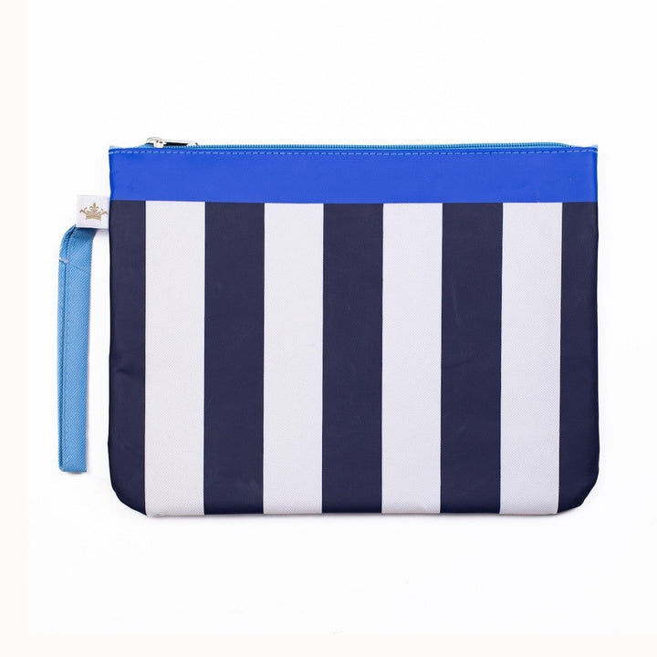Canvas zippered pouch from the Royal Collection Trust featuring bold navy and white vertical stripes, a vibrant blue top band, and a small gold crown insignia on a white tag