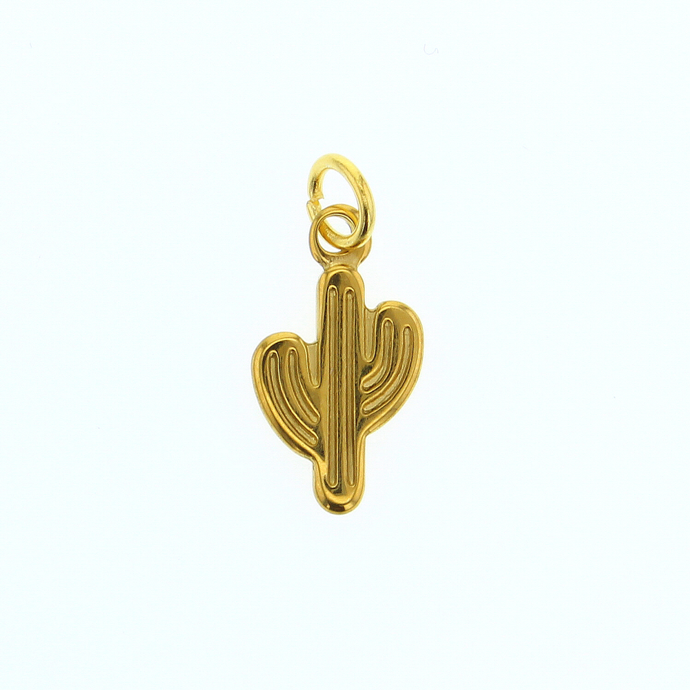 Gold jewelry pendant of a saguaro cactus centered on a white background featuring vertical ribbed textures and a polished metallic finish with a circular jump ring at the top