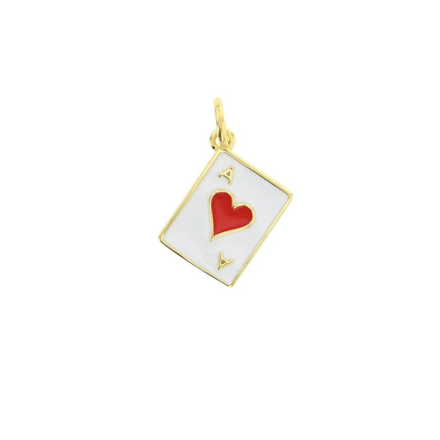 Enamel and gold-plated jewelry charm of an Ace of Hearts playing card set against a plain white background featuring a vibrant red central heart, polished gold borders, and a glossy white finish