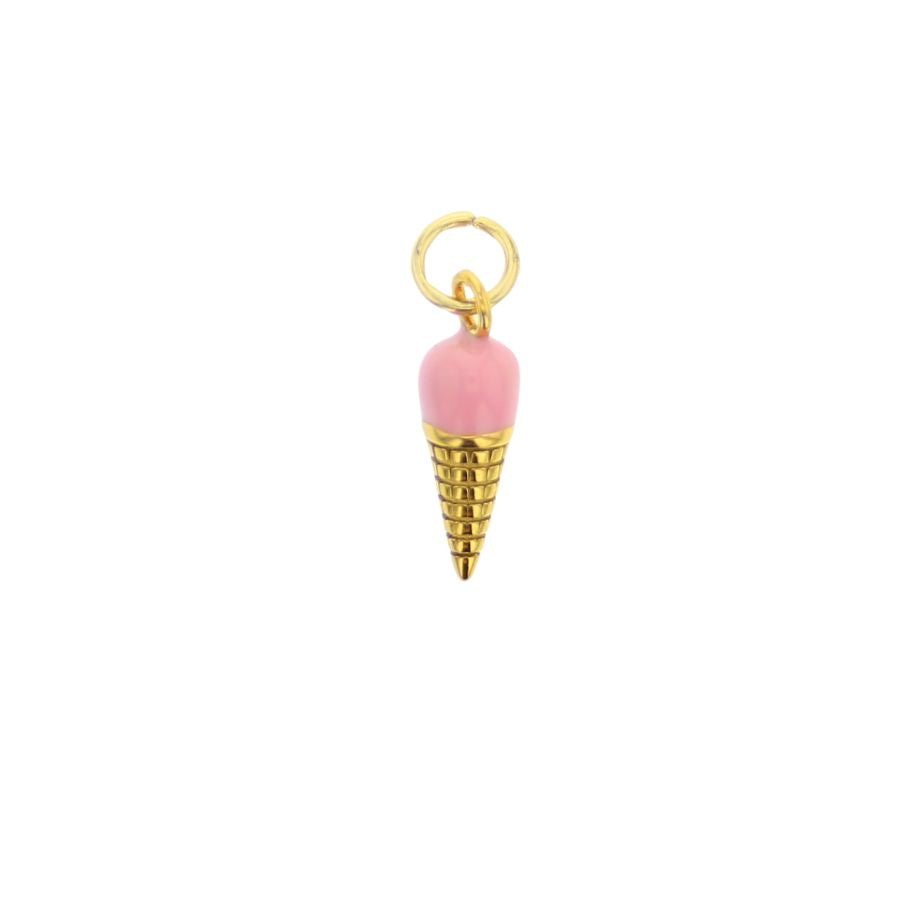 Enamel and gold-plated jewelry charm of a pink ice cream cone centered on a white background featuring a textured waffle-patterned base, a smooth pastel pink scoop, and a polished gold jump ring at the top