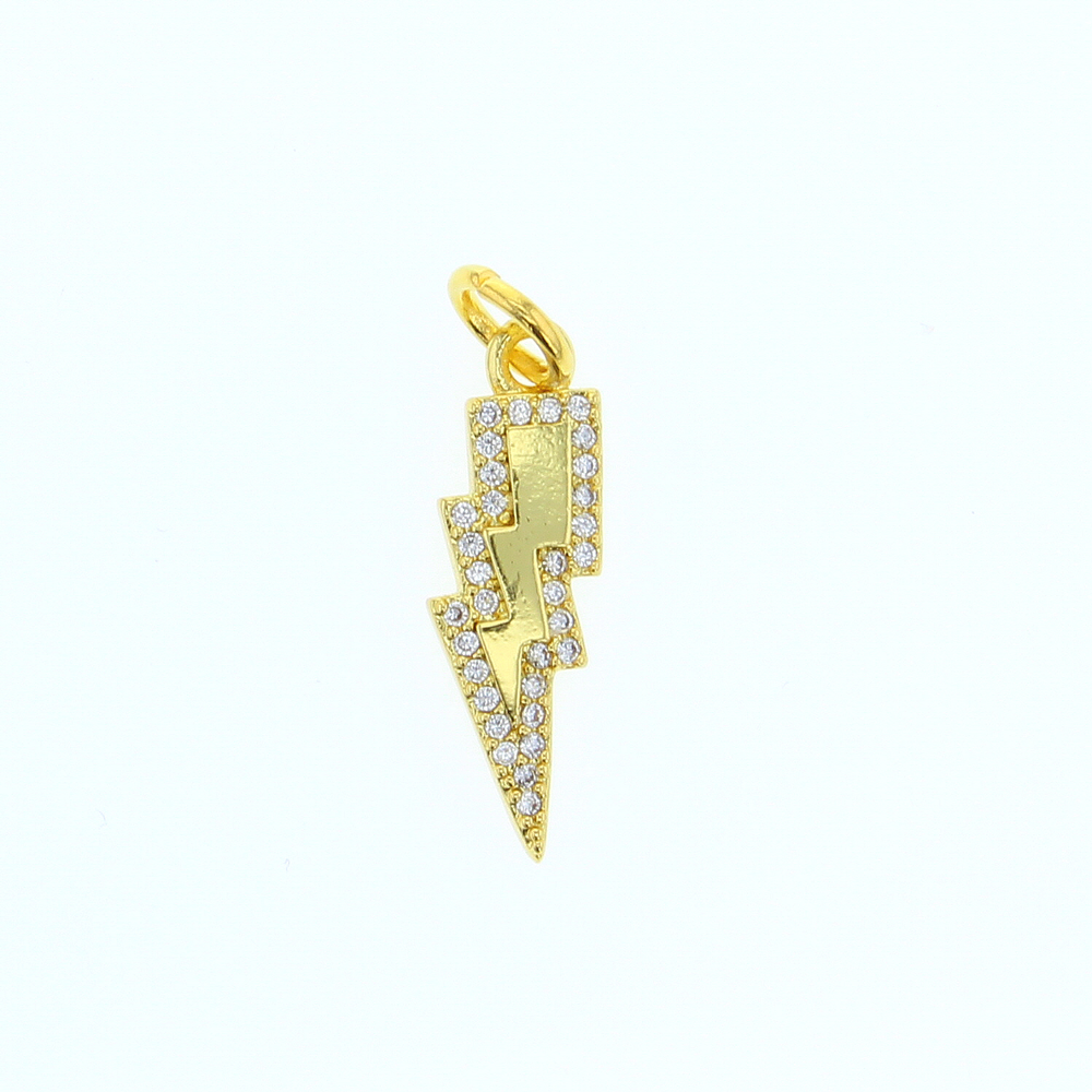 Jewelry pendant featuring an iconic lightning bolt silhouette in gold-toned metal with micro-pave set sparkling white stones and a textured center centered on a plain white background