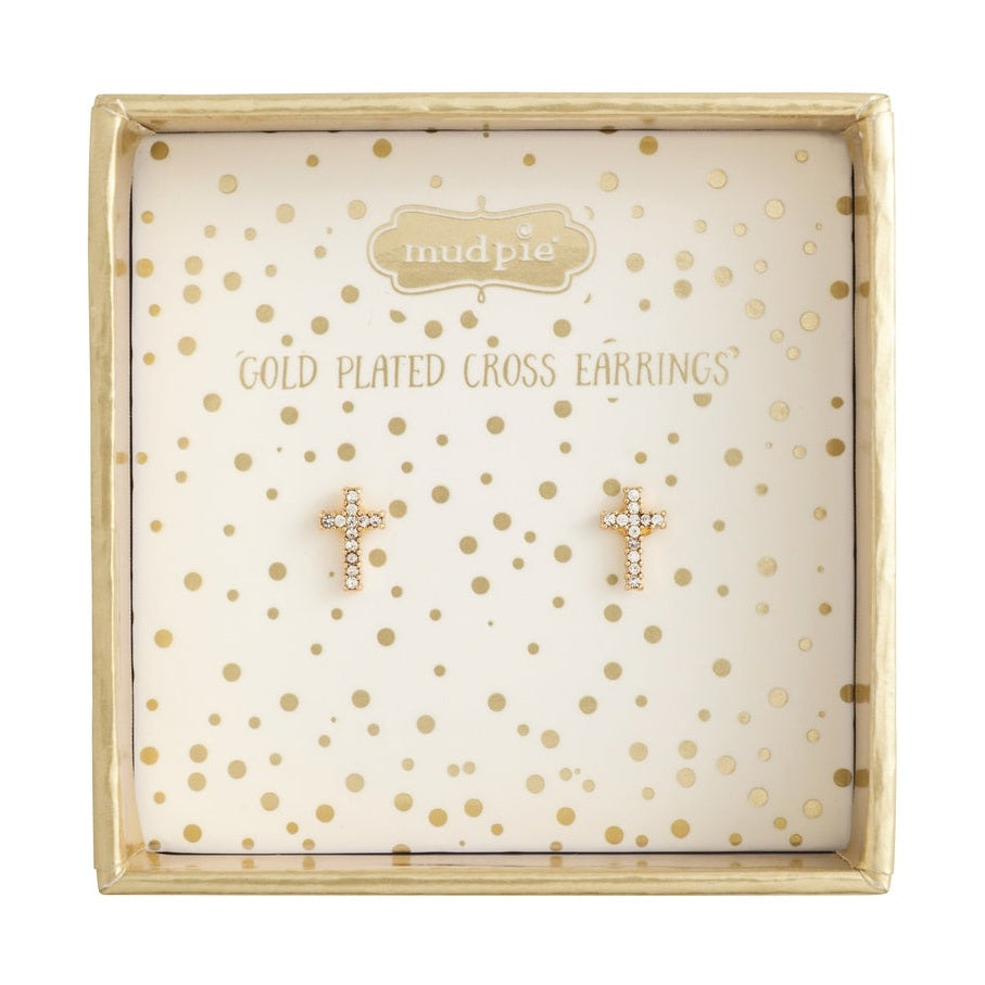 Jewelry by Mud Pie features gold plated cross earrings with sparkling pavé-set crystals displayed inside a square gold gift box on a festive gold polka dot patterned cardstock backing