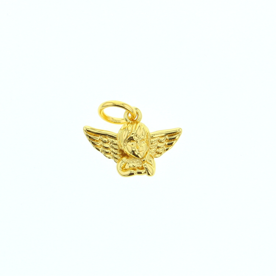 18k yellow gold cherub pendant on a clean white background featuring detailed feathery wings, curly textured hair, and a polished golden finish