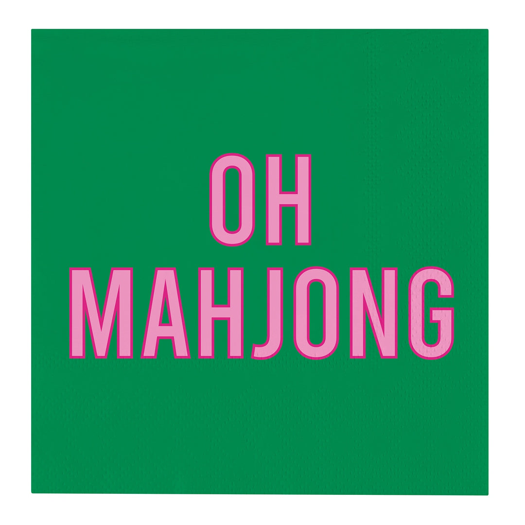 Graphic design of a square cocktail napkin featuring the phrase OH MAHJONG in bold pink block lettering with a magenta shadow centered on a textured emerald green background