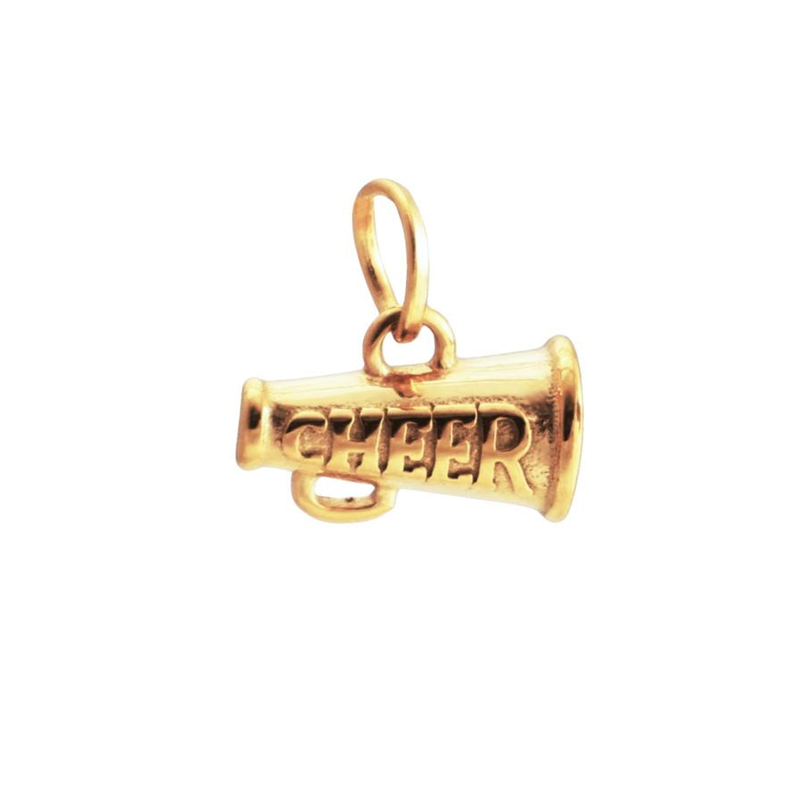 14k yellow gold megaphone charm centered on a white background featuring the word CHEER in embossed block lettering with a polished finish and a small side handle