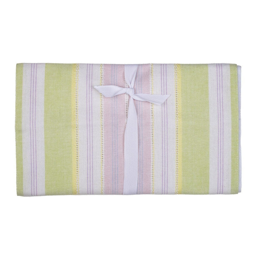 Photograph of a folded cotton tea towel featuring a pastel vertical stripe pattern in sage green, light pink, and yellow with delicate lavender pinstripes and a central white ribbon tie set against a white background