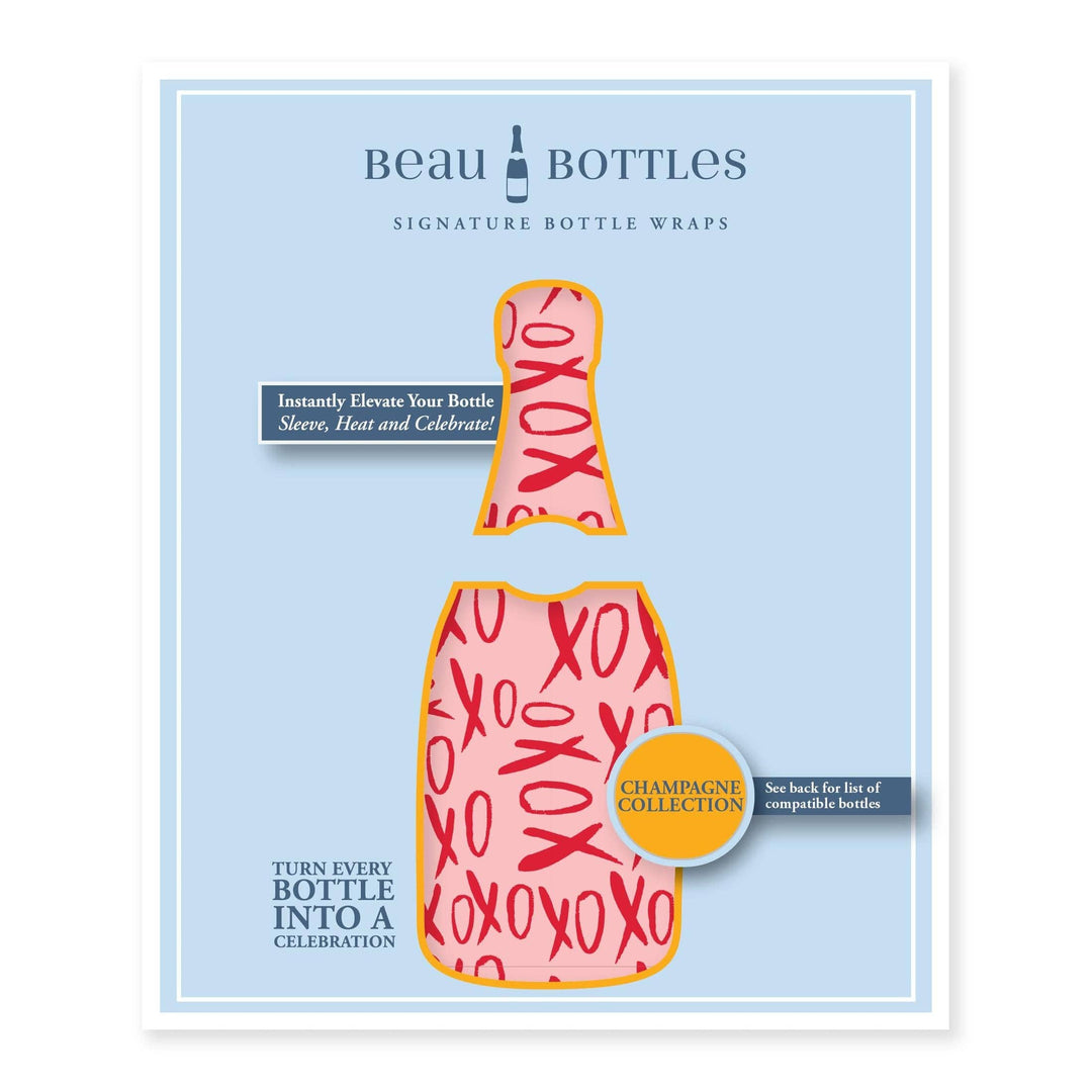 Digital graphic design by Beau Bottles showcasing a signature champagne bottle wrap featuring vibrant red hand-lettered XOXO script over a warm peach and yellow gradient background on a light blue display card