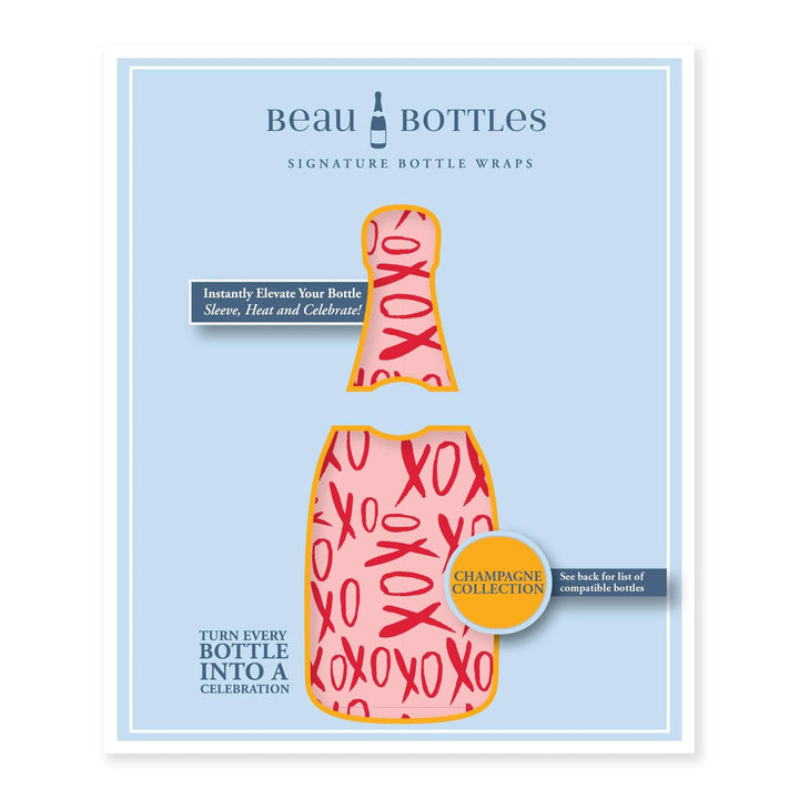 Digital graphic design by Beau Bottles showcasing a signature champagne bottle wrap featuring vibrant red hand-lettered XOXO script over a warm peach and yellow gradient background on a light blue display card