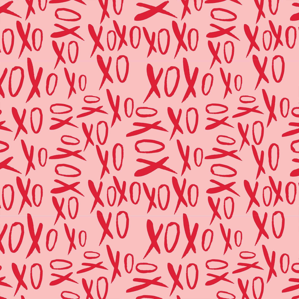Digital illustration featuring a repeating pattern of red hand-drawn XOXO symbols in a calligraphic brushstroke style against a solid light pink background with a scattered and playful arrangement
