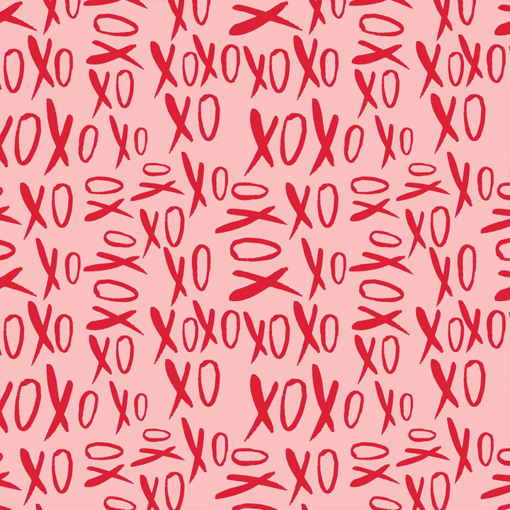 Digital illustration featuring a repeating pattern of red hand-drawn XOXO symbols in a calligraphic brushstroke style against a solid light pink background with a scattered and playful arrangement