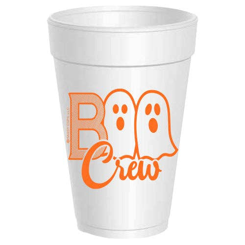 Styrofoam cup by Sassy Cups LLC featuring a bright orange Boo Crew Halloween graphic with two illustrated ghost silhouettes and a cross-hatched textured letter B on a white background