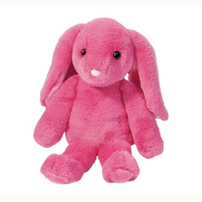 Plush stuffed animal by Jellycat featuring a vibrant pink bunny on a white background with long floppy ears, small black bead eyes, and a soft magenta texture
