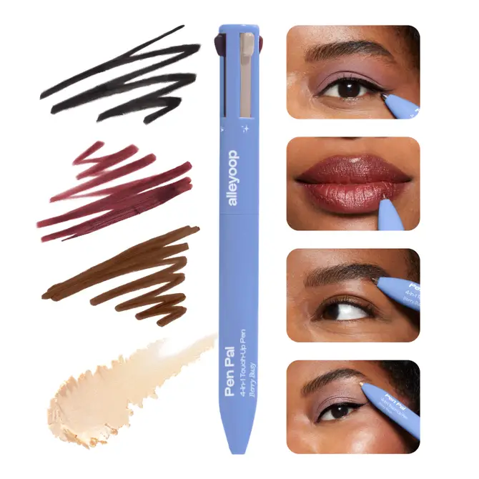 Product photography by Alleyoop featuring the periwinkle blue Pen Pal 4-in-1 Touch-Up Pen with textured swatches of black, berry, and brown pigment alongside a champagne highlighter smudge and close-up application photos on a white background