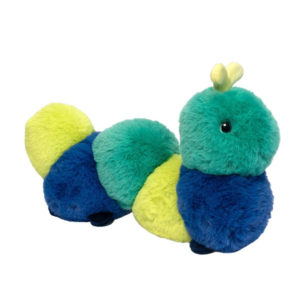 Plush toy by Jellycat of a colorful caterpillar on a white background featuring segmented teal, navy blue, and lime green fur with fuzzy yellow antennae