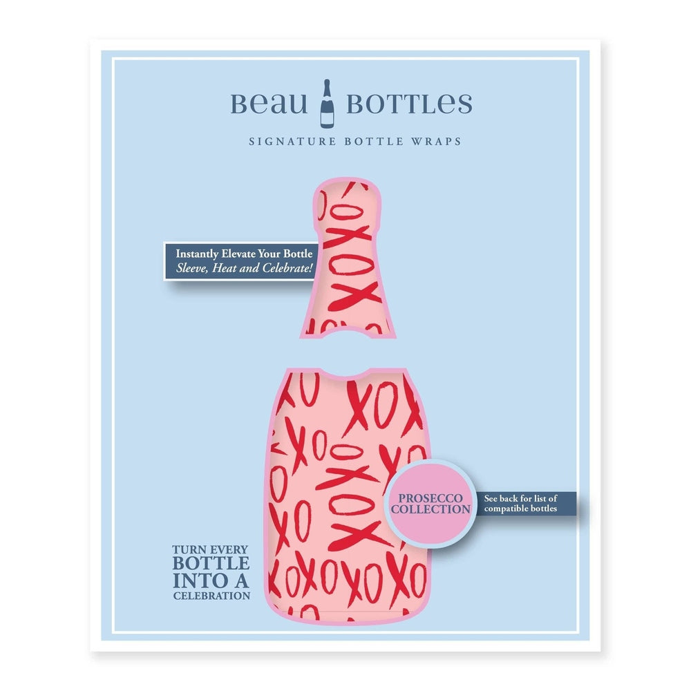 Digital graphic design by Beau Bottles featuring a pink heat-shrink bottle sleeve with bold red XOXO script lettering on a light blue card with a circular Prosecco Collection badge and white border
