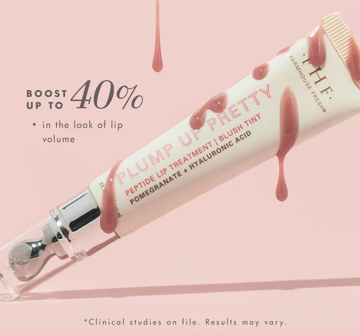 Digital product advertisement for Farmhouse Fresh featuring the Plump Up Pretty Peptide Lip Treatment tube with mauve liquid droplets, a silver metal applicator, and bold text promising a 40 percent boost in lip volume against a soft pink background